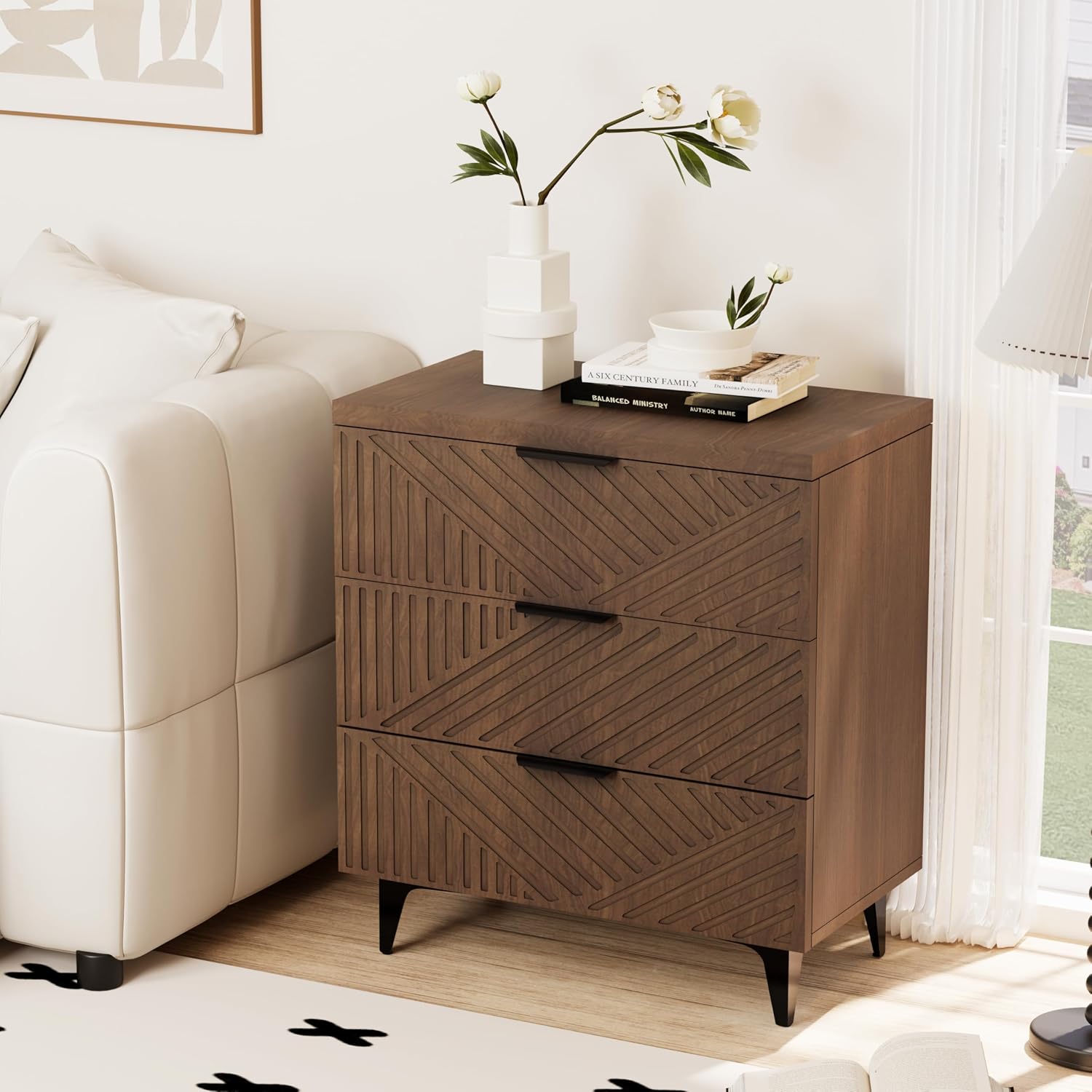 Royal Windsor Large Night Stand Fluted Nightstand with 3 Drawers, Side End Table with Storage, Modern Oversized Nightstands Bedside Table for Bedroom, Brown