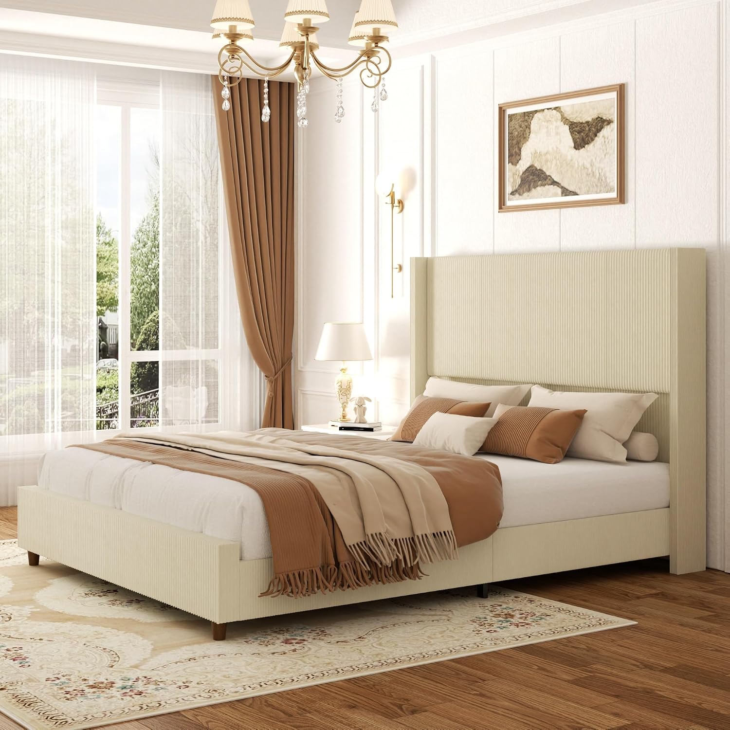 Sismplly 62'' Tall King Size Bed Frame with Corduroy Upholstered Platform Bed, Extra Wingback Headboard and Vertical Stripe, Box Spring Option, Solid Wood Slats, Noise Free, Beige-Yellow