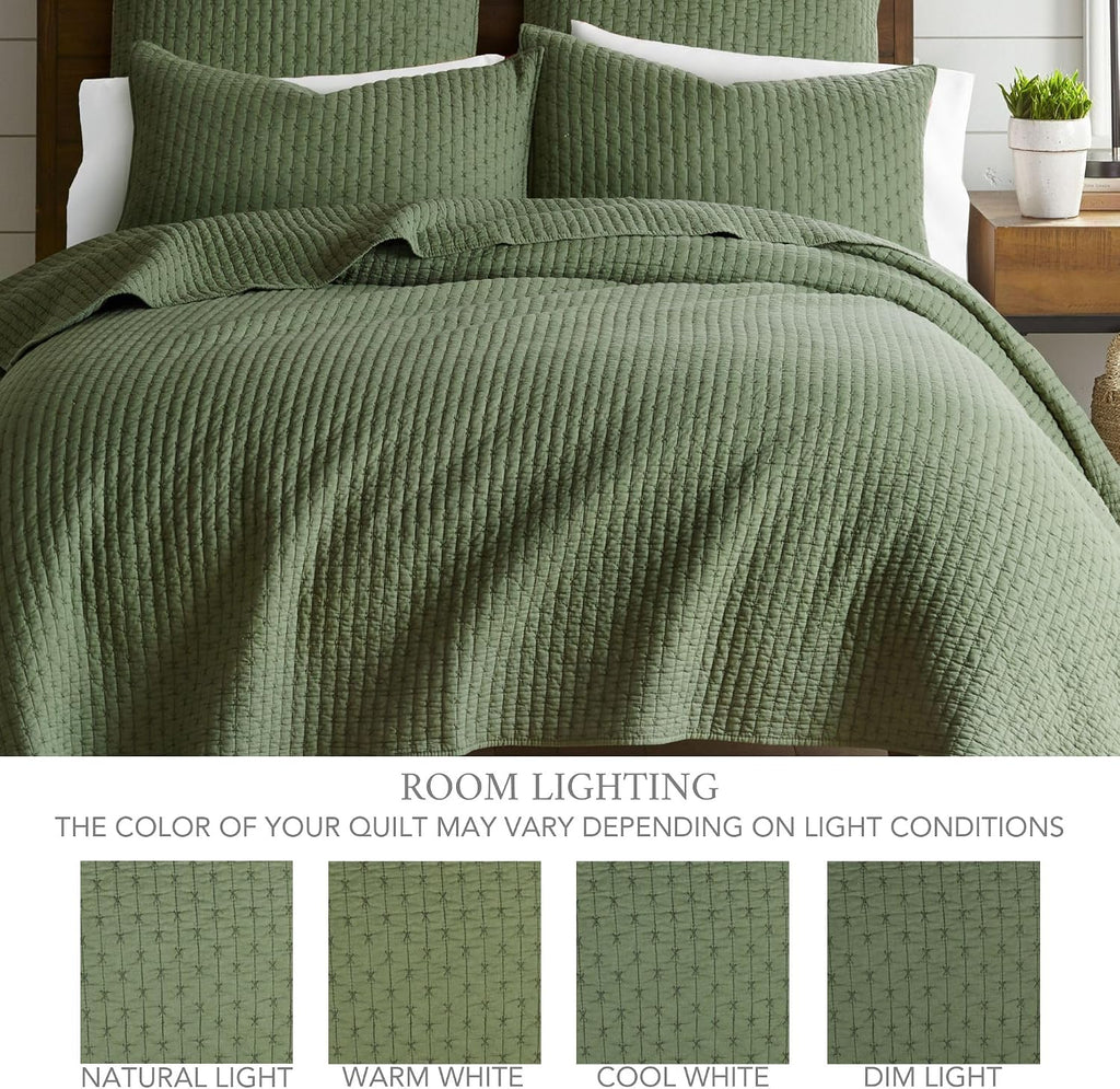 Levtex Home Cross Stitch Reversible King/Cal King Quilt Set (106x92in) and 2 Pillow Shams (36x20in) - Stitch Texture - Forest Green - Cotton King Size Quilt Bedding Set - Lightweight Soft Pre-Washed