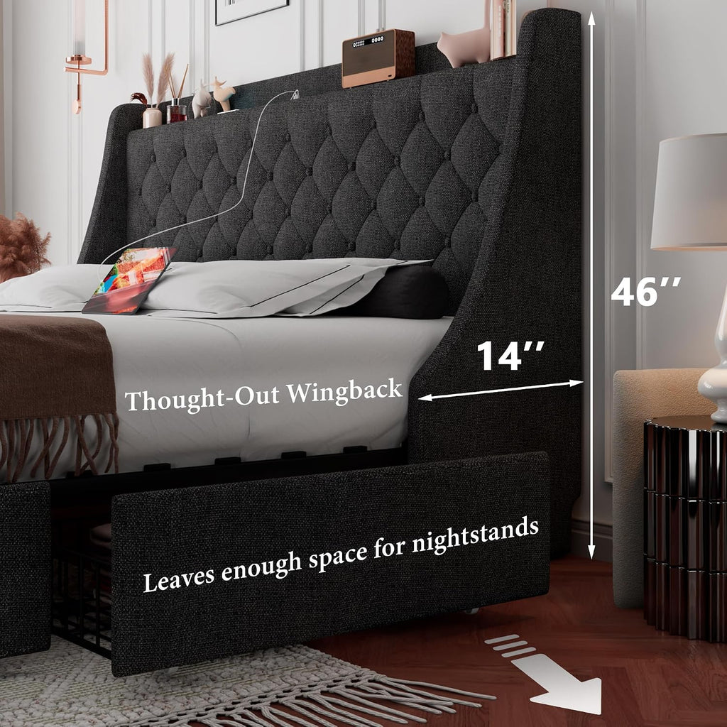 iPormis Full Size Bed Frame with 4 Storage Drawers, Upholstered Platform Bed Frame with Type-C & USB Ports, Wingback Storage Headboard, Solid Wood Slats, No Box Spring Needed, Dark Gray