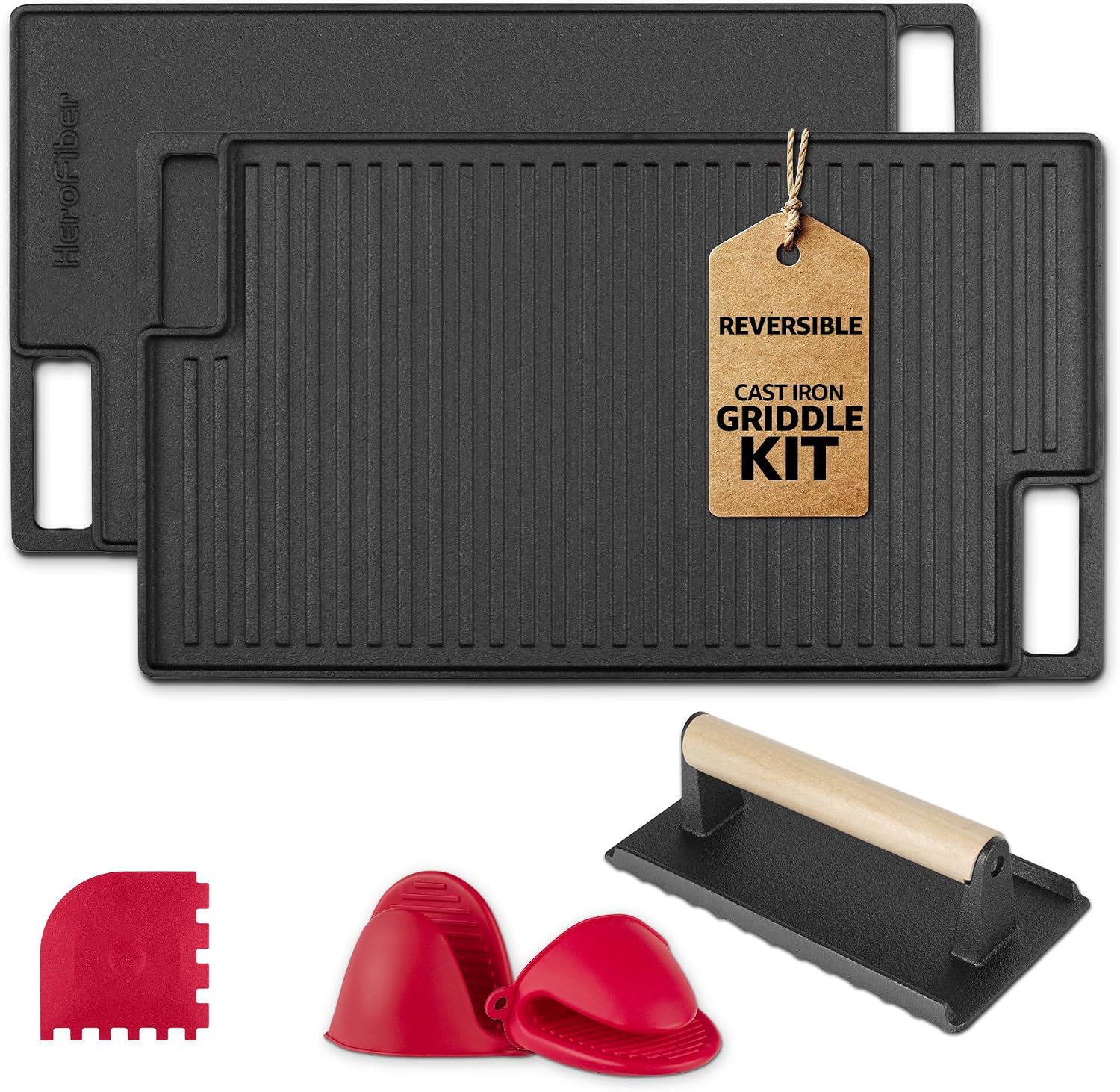 HeroFiber Cast Iron Reversible Grill/Griddle Set with Press, Scraper & Mitts - Pre-Seasoned, Non-Stick - 16.75'' x 9.5'' - Gas Stove, Grill, Camping, Outdoors, Black, OG7-18