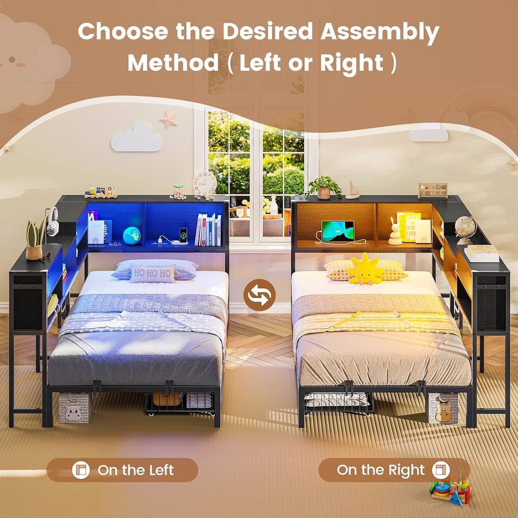 Hasuit Corner Bed Frame Twin XL with 2 Drawers and Storage Bookcase, Daybed with Charging Station and LED Lights, Metal Platform Bed with Bookshleves,Twin XL Bed Frame for Kids Teens Guests, Black