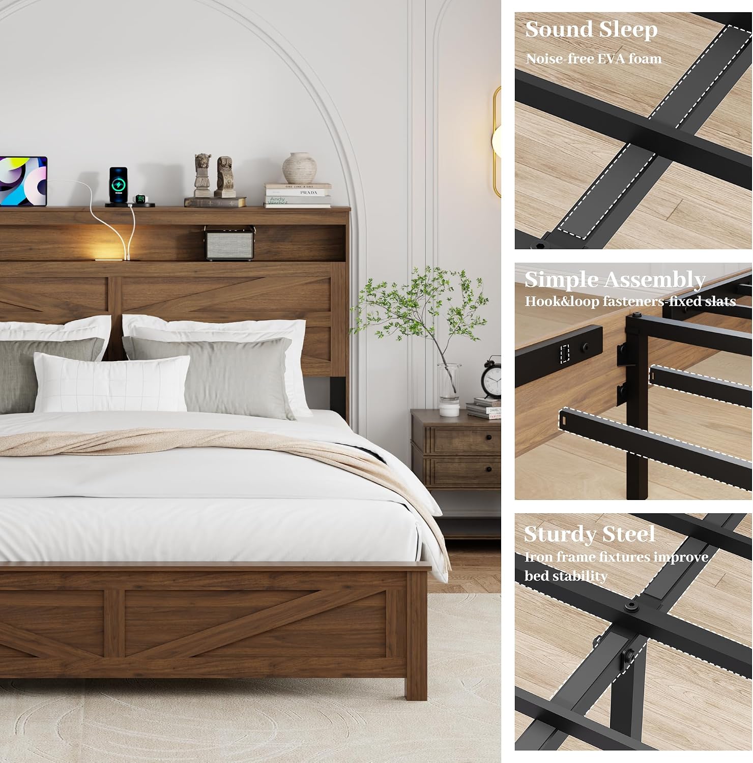 Queen Size Bed Frame with Headboard, Rustic Farmhouse Wood Bed Frame with LED Lights and Charging Station, Easy Assembly, No Box Spring Needed (Dark Brown, Queen)