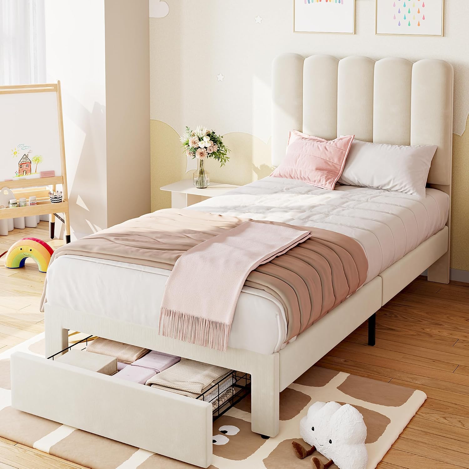 IDEALHOUSE Twin Bed Frame with Storage Drawer and Headboard, Velvet Upholstered Twin Platform Bed Frame for Girls, Strong Wooden Slats Support, Noise-Free, Easy Assembly (Beige)