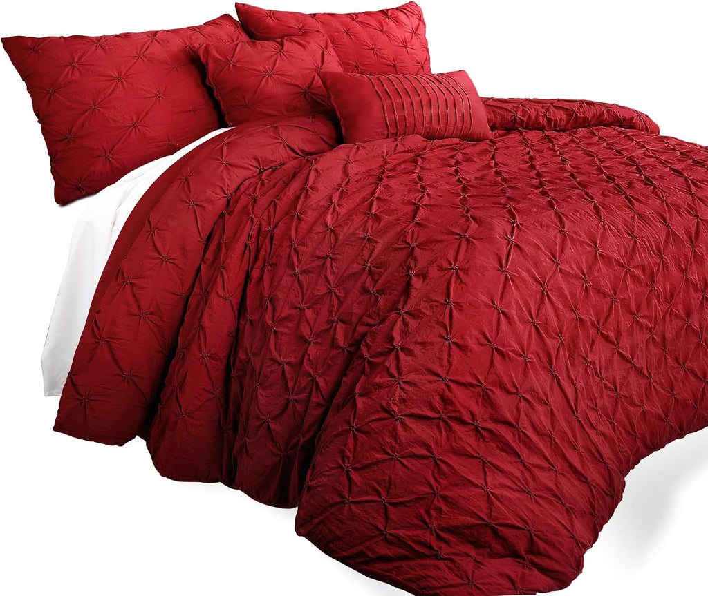 Lush Decor Ravello Pintuck Comforter Set - Luxe 5 Piece Textured Bedding Set - Traditional Glam & Farmhouse Inspired Bedroom Decor - King, Red