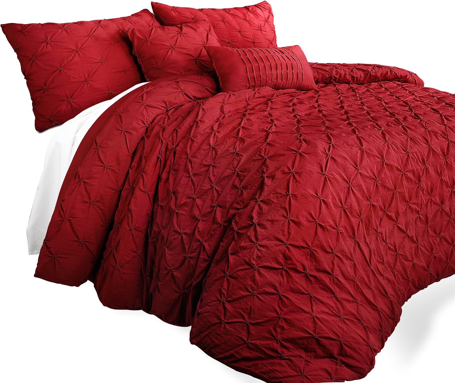Lush Decor Ravello Pintuck Comforter Set - Luxe 5 Piece Textured Bedding Set - Traditional Glam & Farmhouse Inspired Bedroom Decor - King, Red