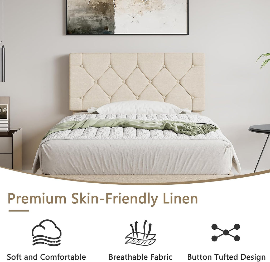 VECELO Twin Size Bed Frame with Button Tufted Headboard, Upholstered Platform Bedframe with Wood Slat Support, No Box Spring Needed, Dark Beige