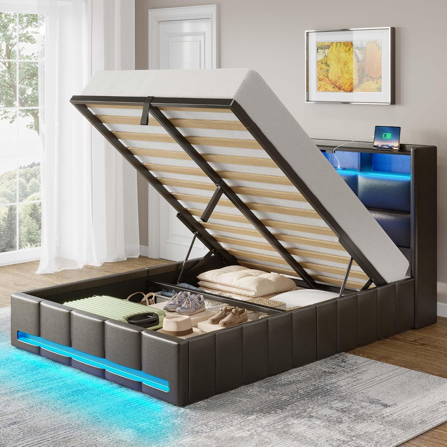 Rolanstar Bed Frame Twin Size with Lift Up Storage, Charging Station & LED Lights, Upholstered Storage Headboard, Heavy Duty Wooden Slats, No Box Spring Needed, Noise Free, Easy Assembly, Black