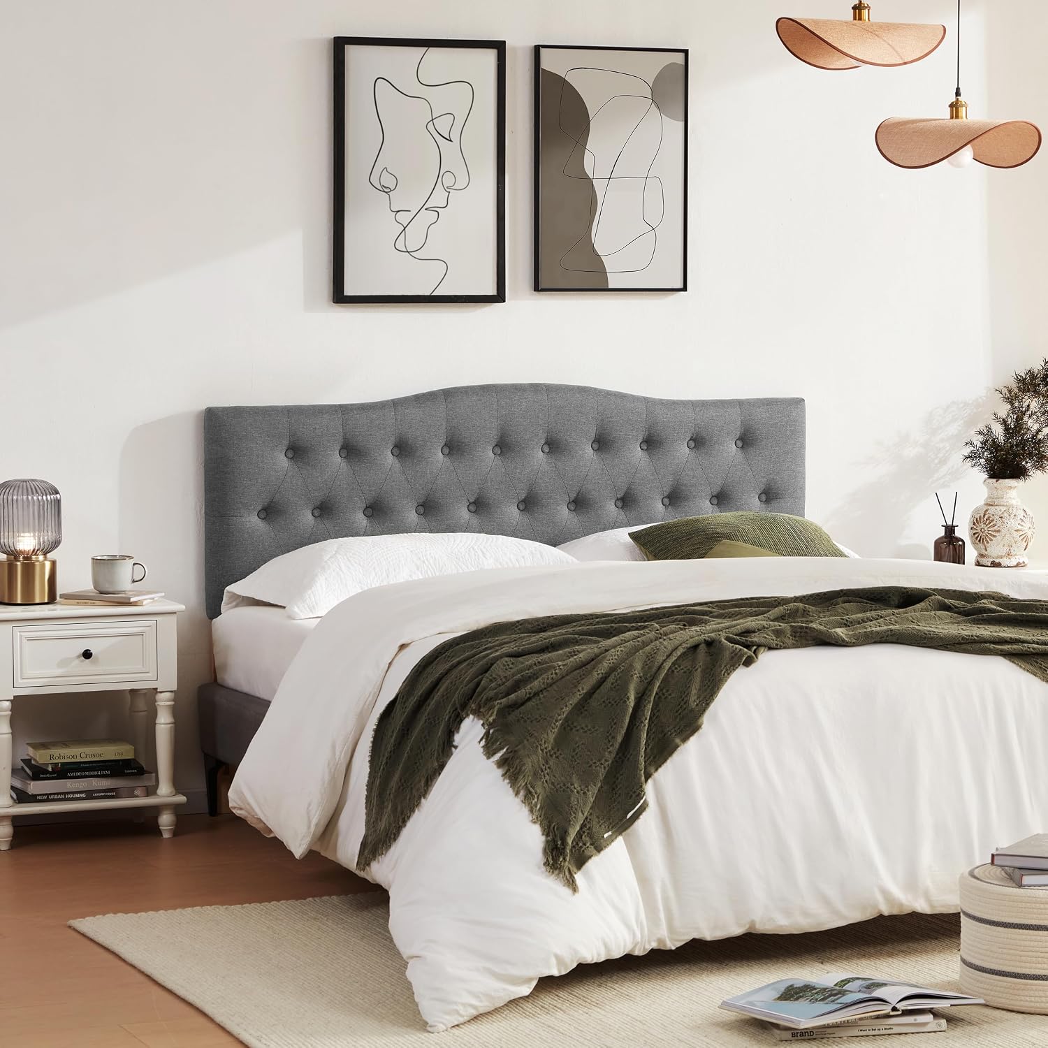 Huatean Home Tufted Upholstered Headboard King Size, Sturdy and Durable Solid Wood Bed headboard, Fabric Headboard Adjustable Height from 37' to 51', Modern Button Diamond Design Head Board, Grey