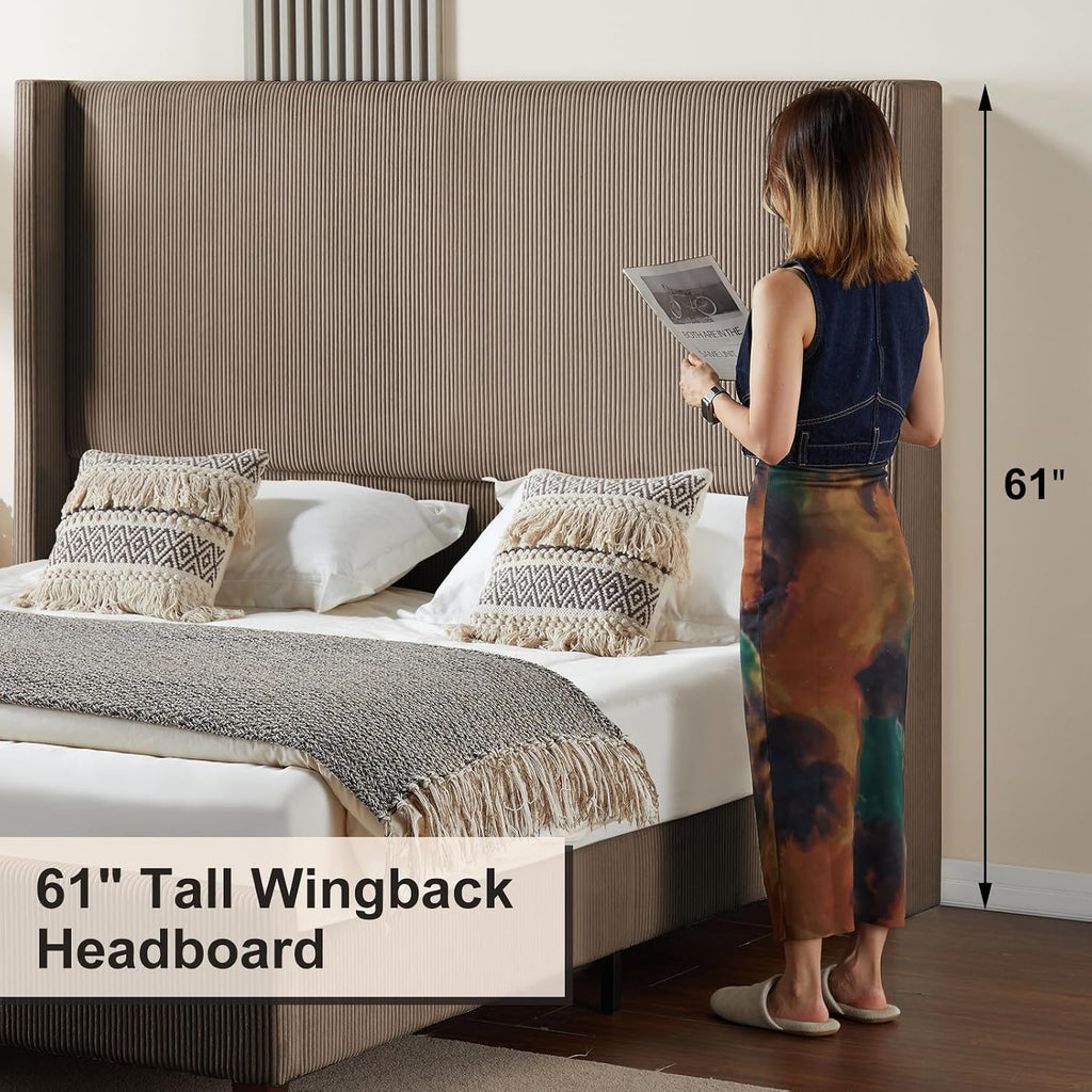 HOWE King Size Bed Frame with 61.4' Extra Tall Headboard, Corduroy Upholstered Bed with Vertical Wingback Headboard, No Box Spring Needed/Noise Free/Solid Wood Slats & Legs/Brown