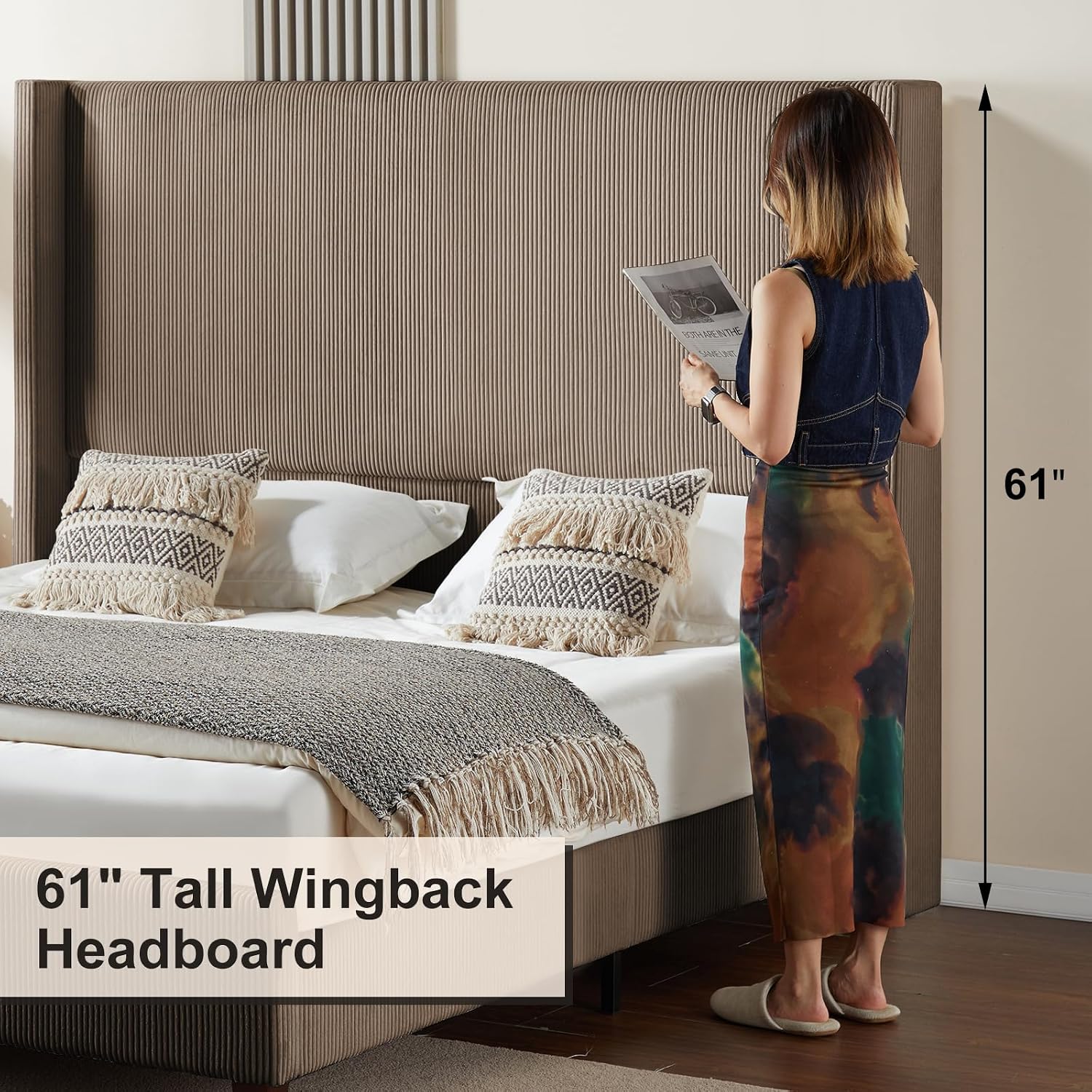HOWE King Size Bed Frame with 61.4' Extra Tall Headboard, Corduroy Upholstered Bed with Vertical Wingback Headboard, No Box Spring Needed/Noise Free/Solid Wood Slats & Legs/Brown