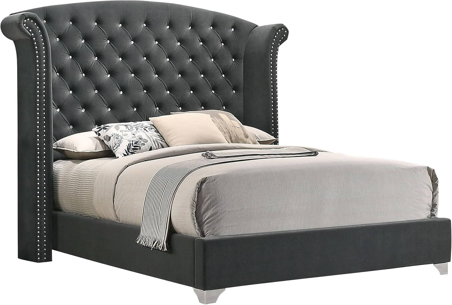 Coaster Home Furnishings Melody Modern Classic 4-Piece Bedroom Set Velvet Upholstered California King Size Wingback Bed Frame 66-inch Headboard Grey 223381KW-S4