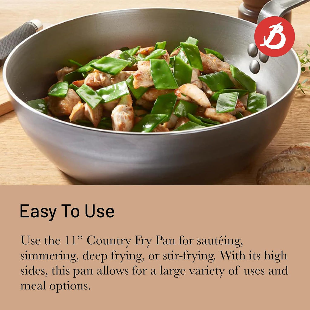 de Buyer MINERAL B Carbon Steel Country Fry Pan - 11' Diameter, 7.7' Cooking Surface - Ideal for Sauteing, Simmering, Deep Frying & Stir Frying - Naturally Non-Stick Finish - Made in France