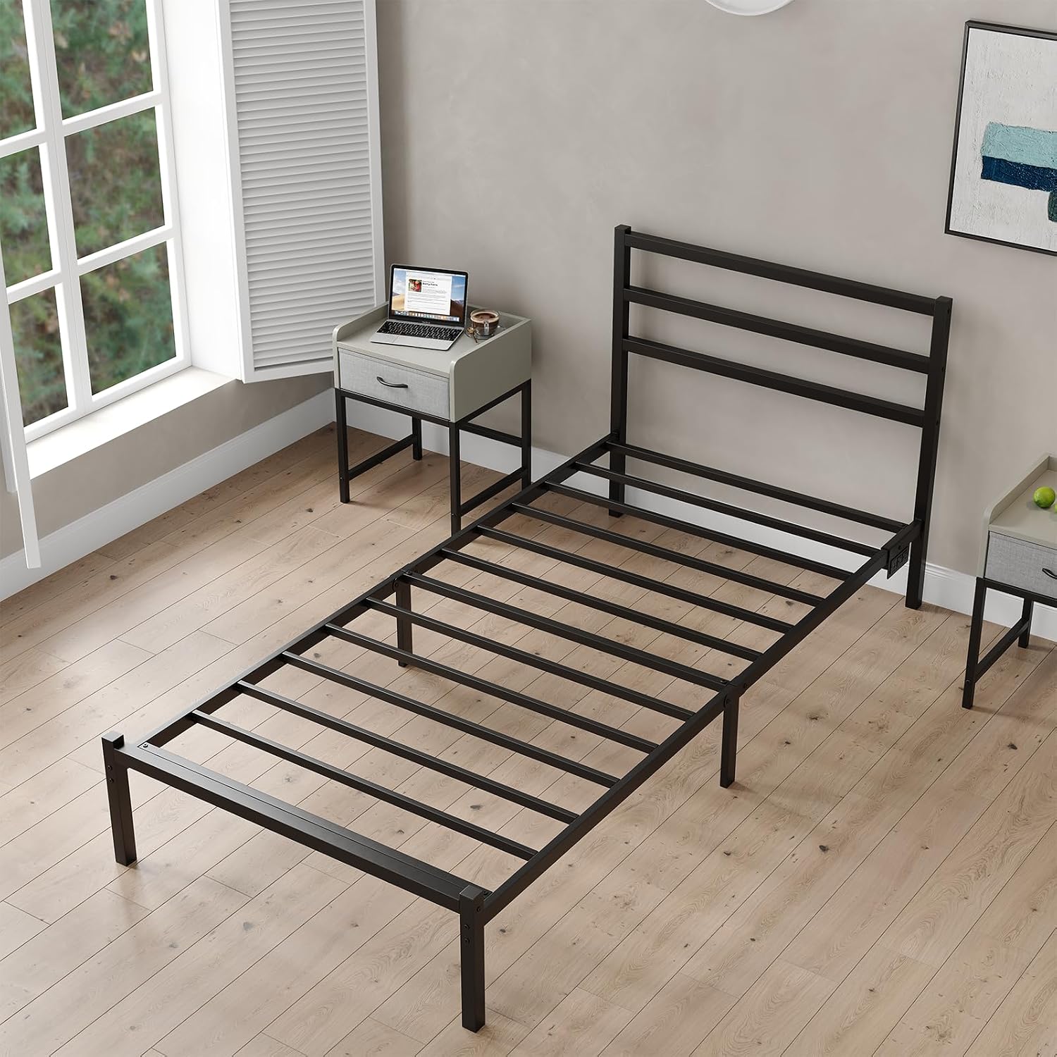 CollaredEagle Twin Size Bed Frame with Headboard, Metal Platform Bed Frame with LED, Charging Station, No Box Spring Needed, Easy Assembly, Noise Free, Black
