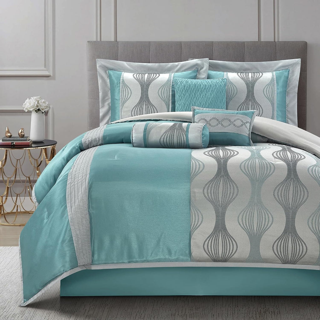 LANCO MODERN LIFESTYLE King Comforter Set, Blue, 7 Pieces in a Bag, Ultra Soft Jacquard with Solid Piecework, Luxury Bed Set with Comforters, Bed Skirt, Pillow Shams and Decorative Pillows