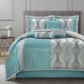 LANCO MODERN LIFESTYLE King Comforter Set, Blue, 7 Pieces in a Bag, Ultra Soft Jacquard with Solid Piecework, Luxury Bed Set with Comforters, Bed Skirt, Pillow Shams and Decorative Pillows