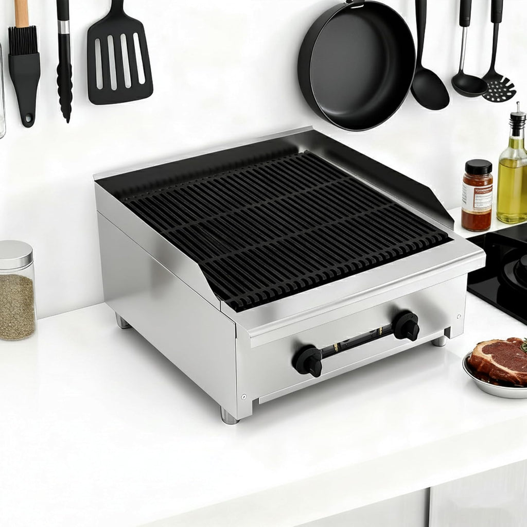 24 Inch Commercial Gas Lava Rock Charbroiler, 2 Burner Stainless Steel Countertop Grill with Durable Cast Iron Grates, BBQ Broiler for Restaurants, Natural Gas/Propane, 56000 BTU