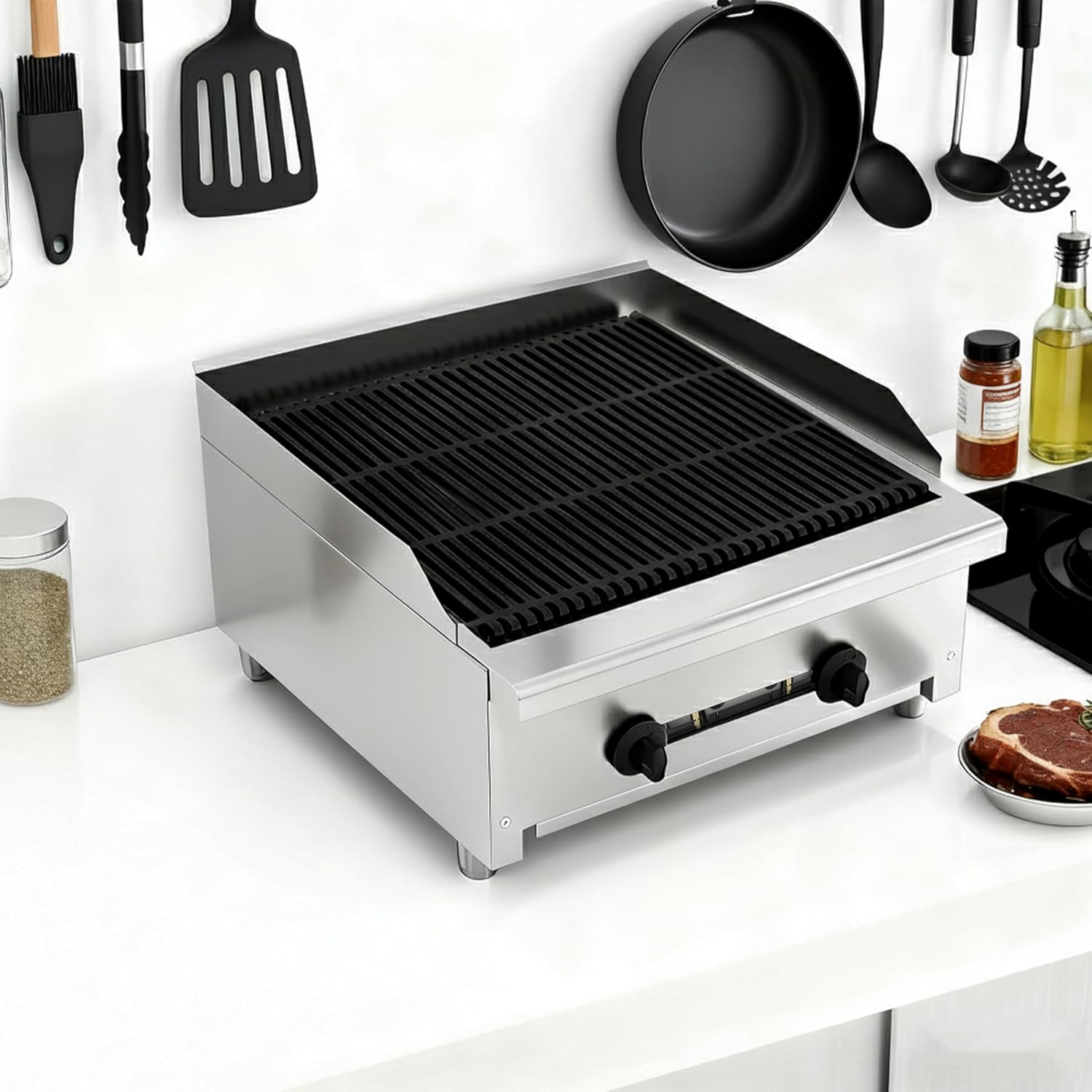 24 Inch Commercial Gas Lava Rock Charbroiler, 2 Burner Stainless Steel Countertop Grill with Durable Cast Iron Grates, BBQ Broiler for Restaurants, Natural Gas/Propane, 56000 BTU