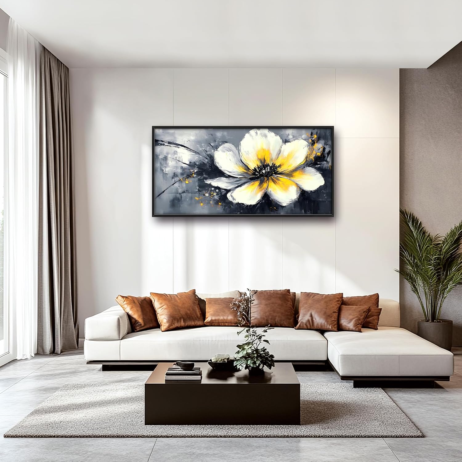 Abstract Flower Large Wall Art Framed Wall Decor for Living Room Black and White Floral Pictures Oversized Canvas Print Painting Modern Extra Large Artwork for Bedroom Office Home Decor 60'x30'