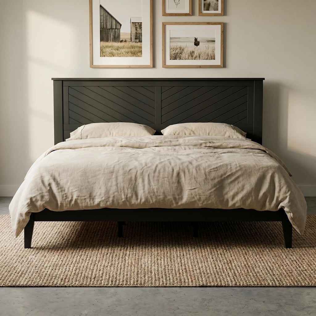 ComfIQ Solid Wood Platform Bed with Wooden Slats – Durable Frame, No Box Spring Required, Ample Underbed Storage, Black, King, Bed and Chevron Headboard