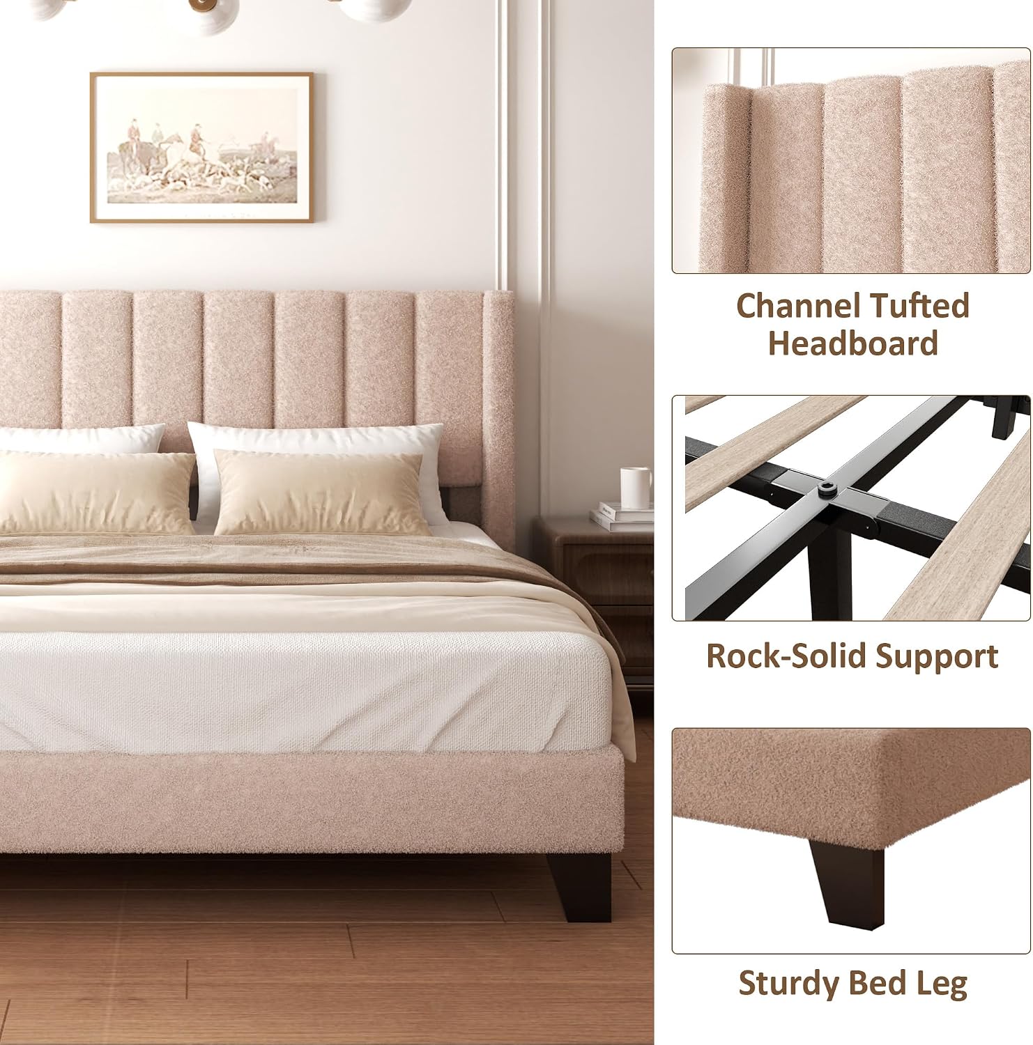 Queen Bed Frame with Headboard Upholstered Platform Bed Frame with Teddy Velvet Headboard, Wooden Slats Support/Wing Edge Design/No Box Spring Needed/Easy Assembly, Camle