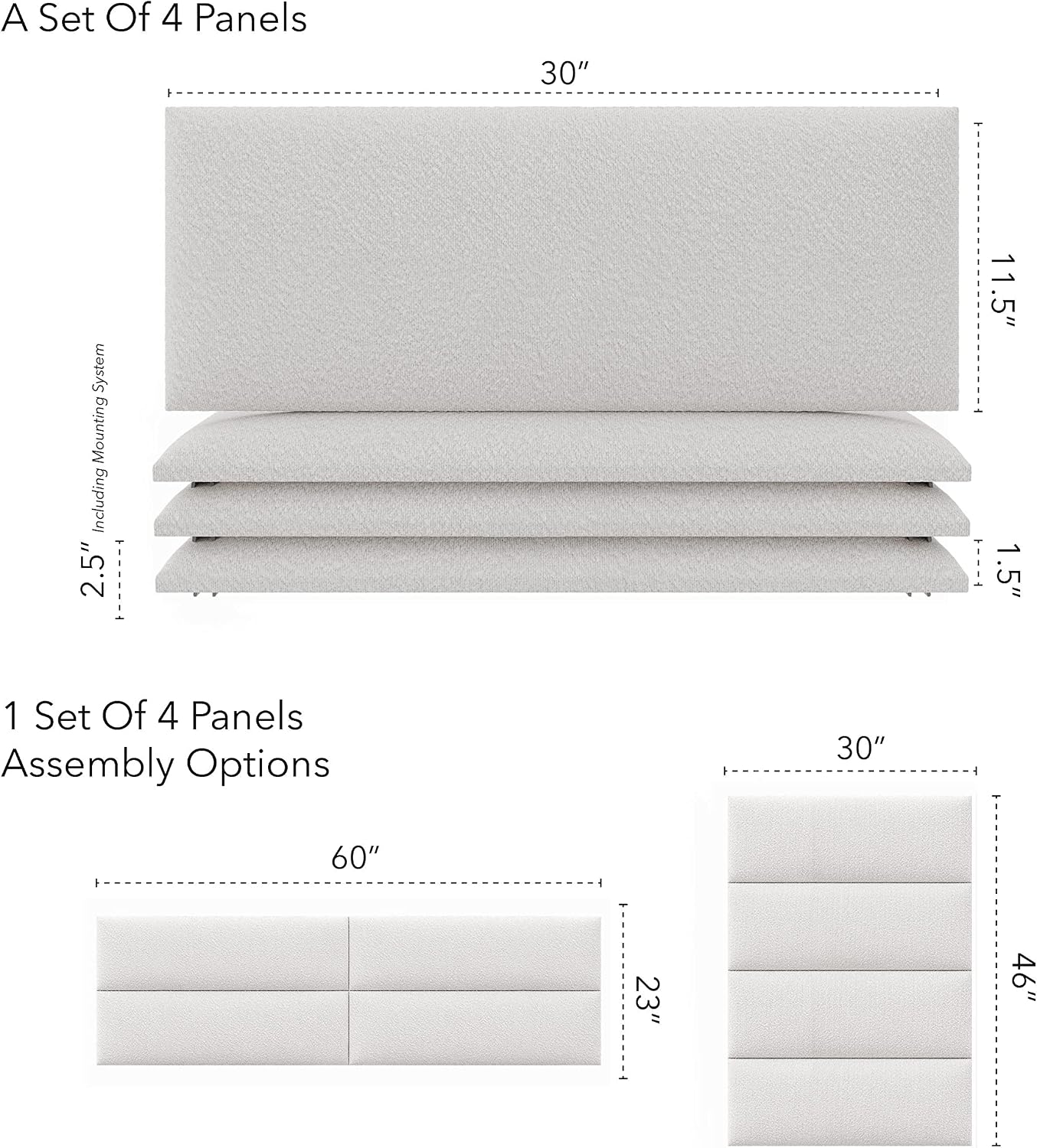 Vänt Upholstered Wall Panels - Queen/Full Size Wall Mounted Headboards - Boucle Ivory - Set of 4 Panels (Each Individual Panel 30'x11.5')