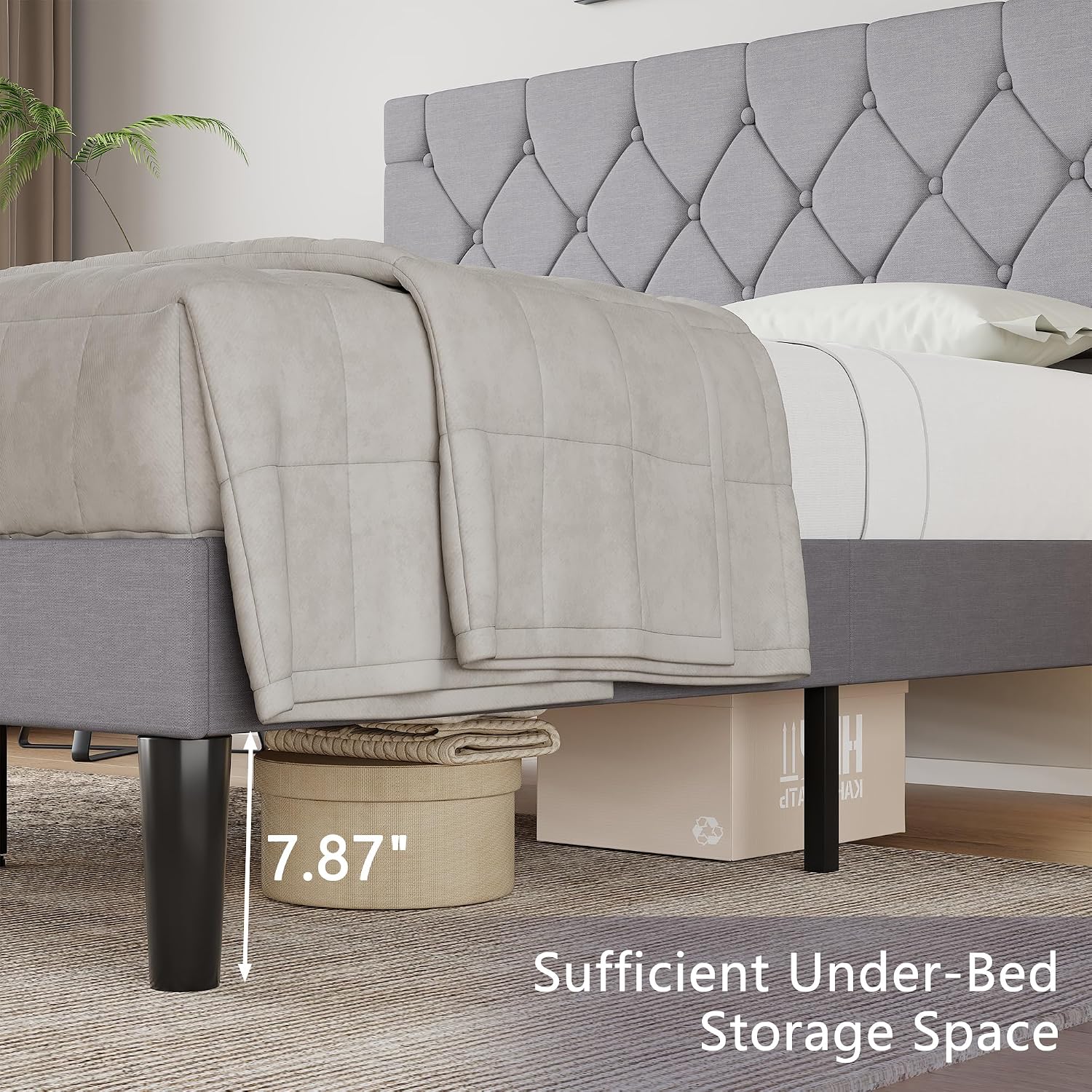 VECELO Full Size Bed Frame with Button Tufted Headboard, Upholstered Platform Bedframe with Wood Slat Support, No Box Spring Needed, Dark Grey