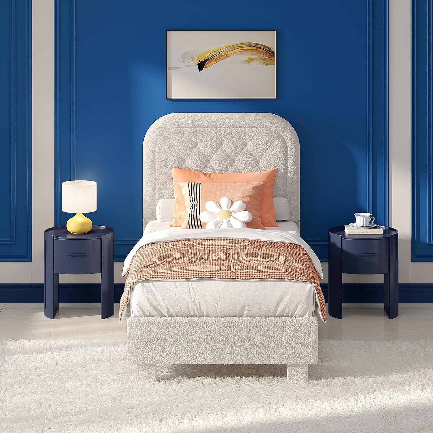 VINGLI Twin Bed Frame Set of 2 with Headboard,Cloud Bed with Rounded Corners, Cream Design,Boucle Upholstered Platform Soft Bed with Sturdy Wood Slats Support,for Kids Teens Adults, White