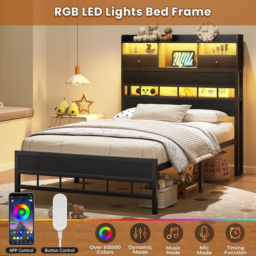 BTHFST Twin Bed Frames with Headboard & Charging Station, LED Bed Frame Twin with 5 Storage Shelves & Under Bed Storage, Platform Bed Frames for Kids, No Box Spring Needed, Black