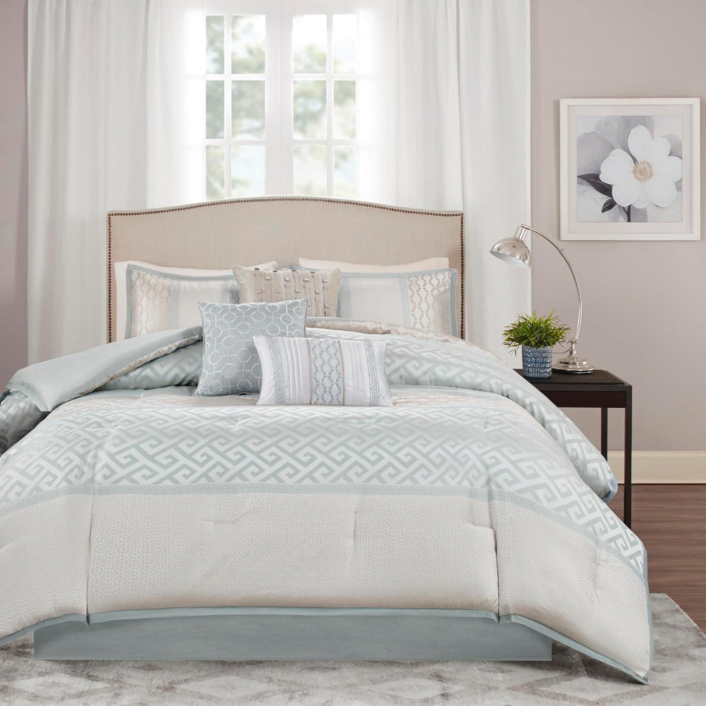 Madison Park Luxury Comforter Set-Traditional Jacquard Design All Season Down Alternative Bedding, Matching Bedskirt, Decorative Pillows, King(104'x92'), Bennett, Geometric Aqua 7 Piece