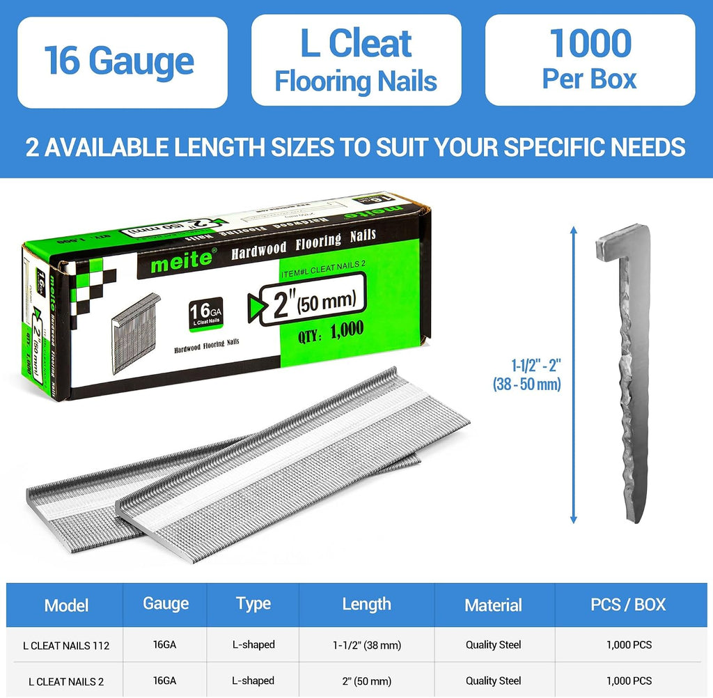meite 16 Gauge Flooring Nails 2 Inch, 16GA L Cleat Nails Hardwood Flooring Nails for Flooring Nailer Gun (5 Boxes)