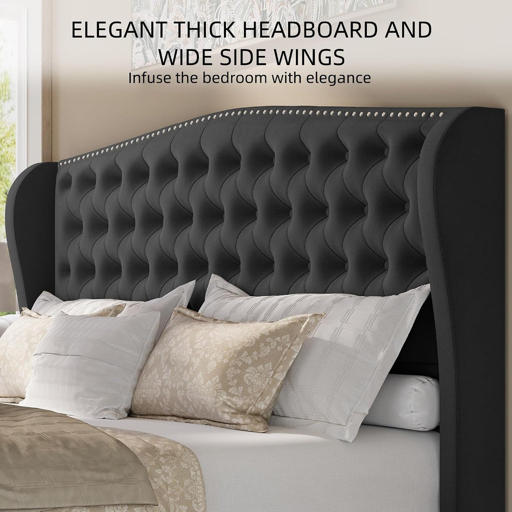 BRELTAM Upholstered King Size Bed Frame Velvet Tufted Bed Frame with Wingback Headboard & Footboard, with Deep Button Tufted & Nailhead Wooden Slats Support, No Box Spring Needed,Grey