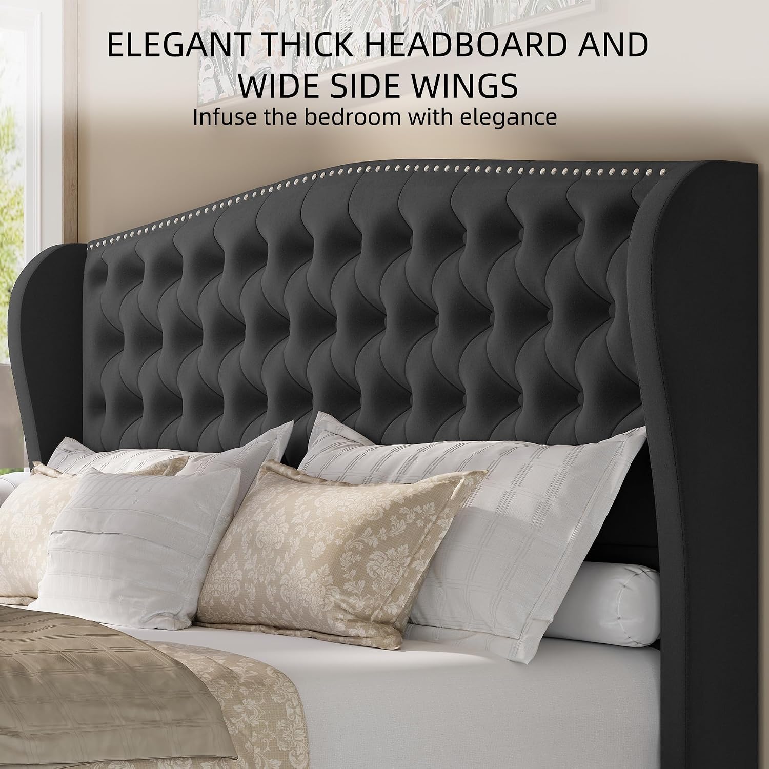 BRELTAM Upholstered King Size Bed Frame Velvet Tufted Bed Frame with Wingback Headboard & Footboard, with Deep Button Tufted & Nailhead Wooden Slats Support, No Box Spring Needed,Grey