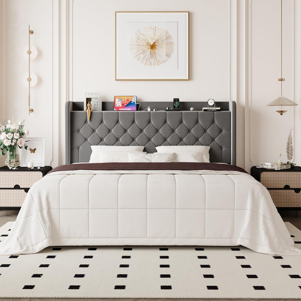 Allewie King Size Bed Frame, Storage Headboard with Charging Station, Wingback Velvet Upholstered, Diamond Stitched Button Tufted, Sturdy Wooden Slats, No Box Spring Needed, Easy Assembly, Grey