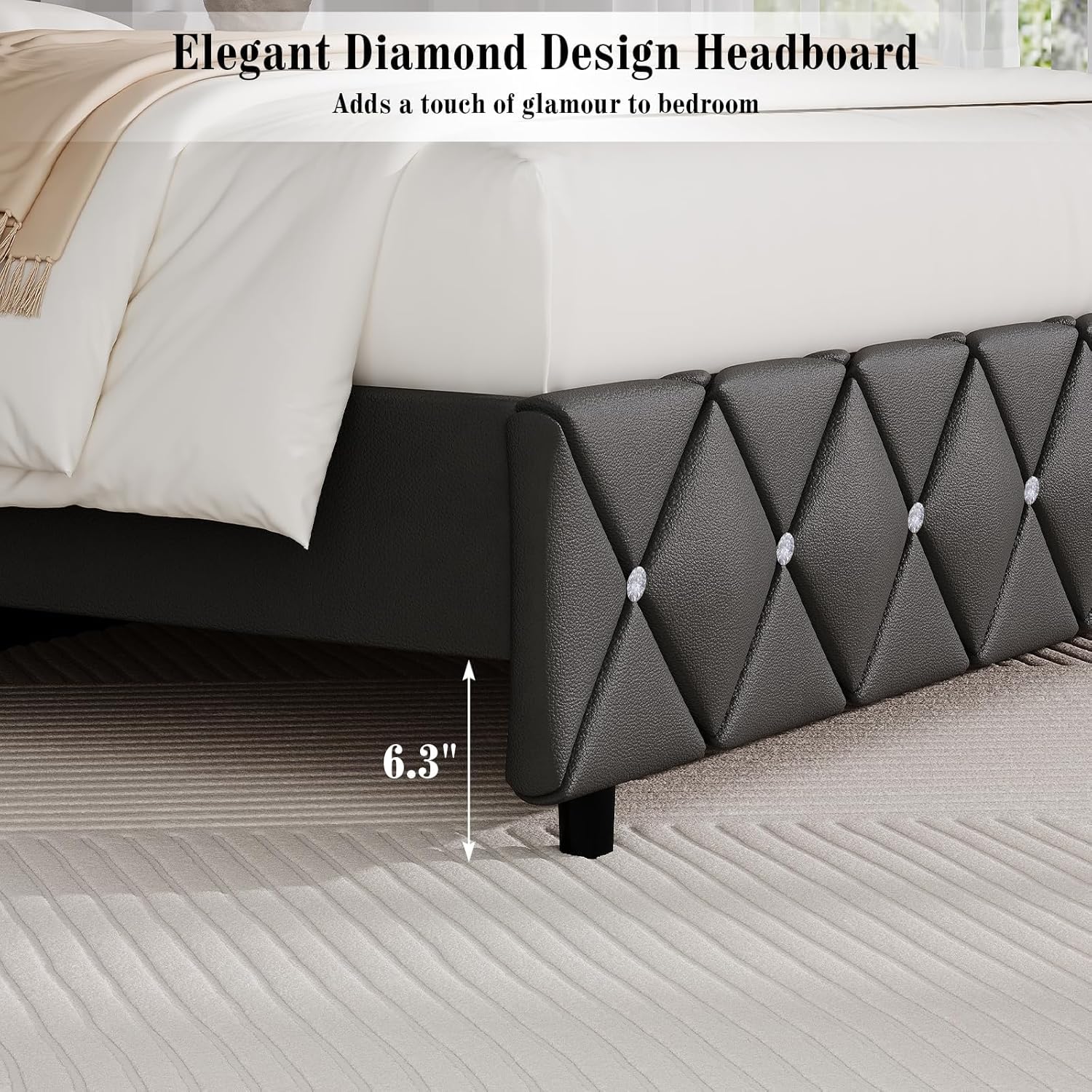 BarnFurin Queen Bed Frame with Diamond Tufted Headboard, Faux Leather Upholstered Bed with Wooden Slats Support, No Box Spring Needed, Mattress Foundation, Easy Assembly, Grey