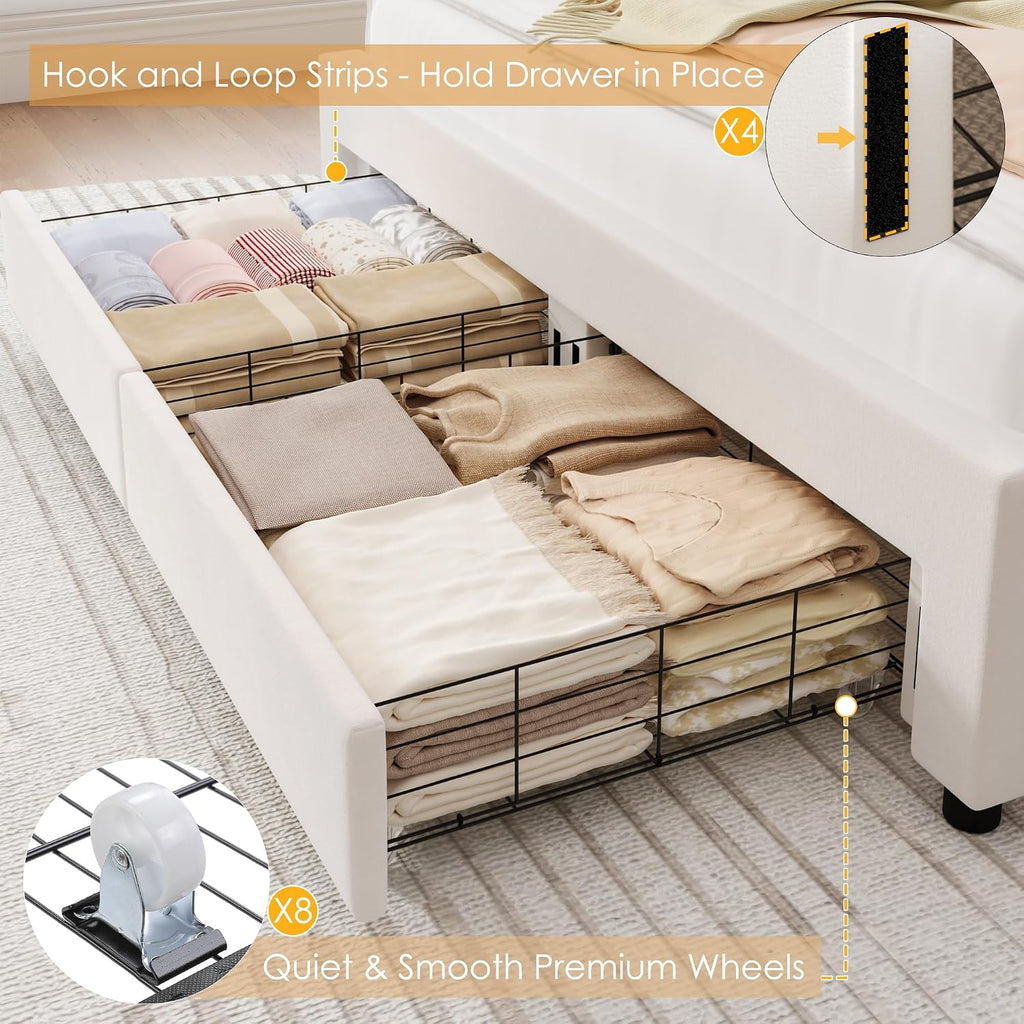Keyluv Full Princess Bed Frame with Storage Drawers, Soft Velvet Upholstered LED Platform Bed with Adjustable Modern Shell Headboard, No Box Spring Needed, Noise-Free, Beige