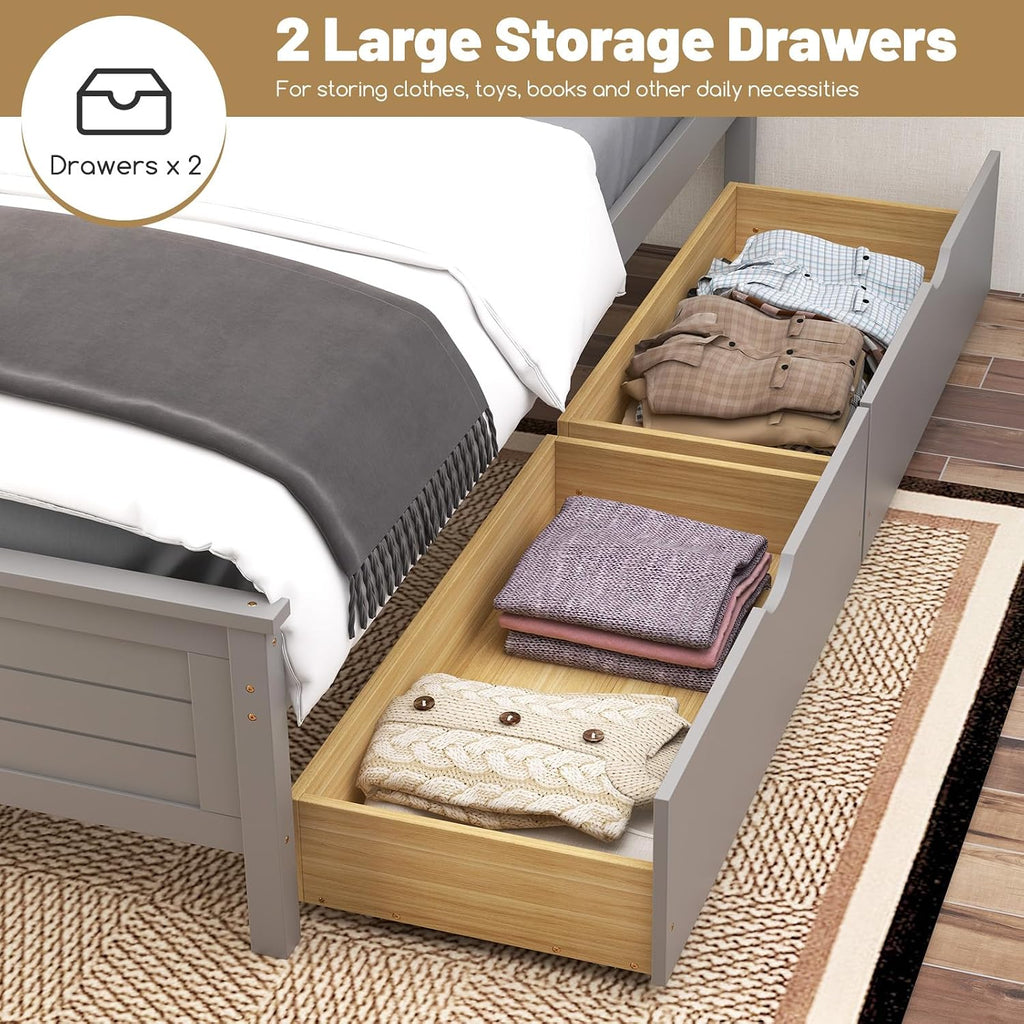 GOFLAME Twin Size Bed Frame with 2 Drawers, Platform Bed with Solid Wood Headboard & Footboard, Wood Slats Support Mattress Foundation, Under Bed Storage, No Box Spring Needed, Easy Assembly, Grey
