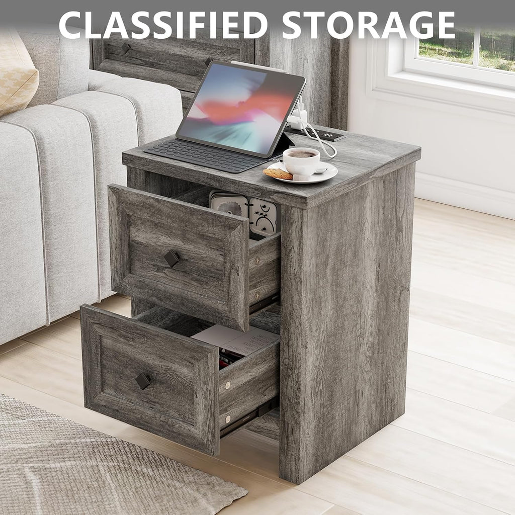 LUXOAK 3 Pieces Bedroom Sets, Includes Full Size Lift Up Storage Platform Bed Frame, 2 Drawers Farmhouse Nightstand Set of 2 with Charging Station, No Box Spring Needed, Rustic Grey