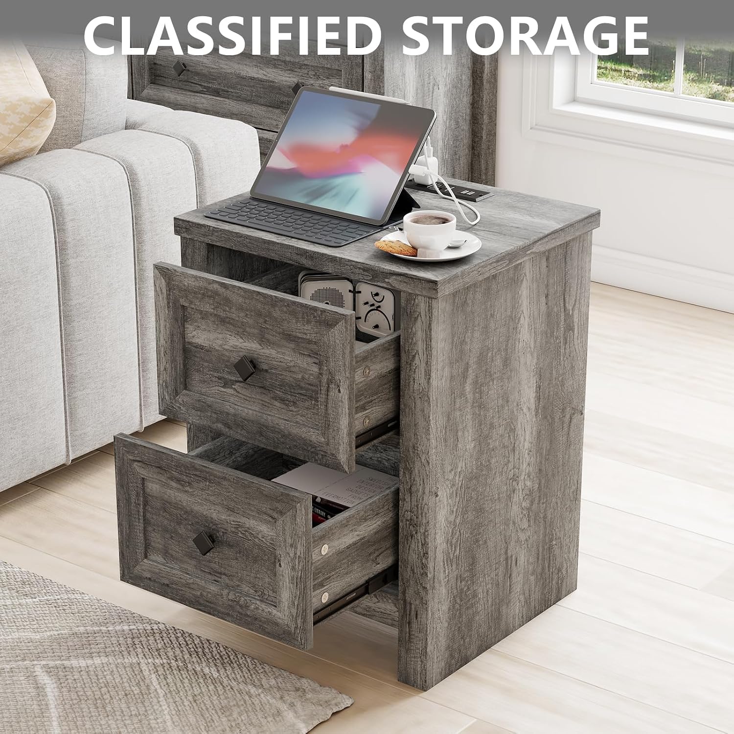 LUXOAK 3 Pieces Bedroom Sets, Includes Full Size Lift Up Storage Platform Bed Frame, 2 Drawers Farmhouse Nightstand Set of 2 with Charging Station, No Box Spring Needed, Rustic Grey