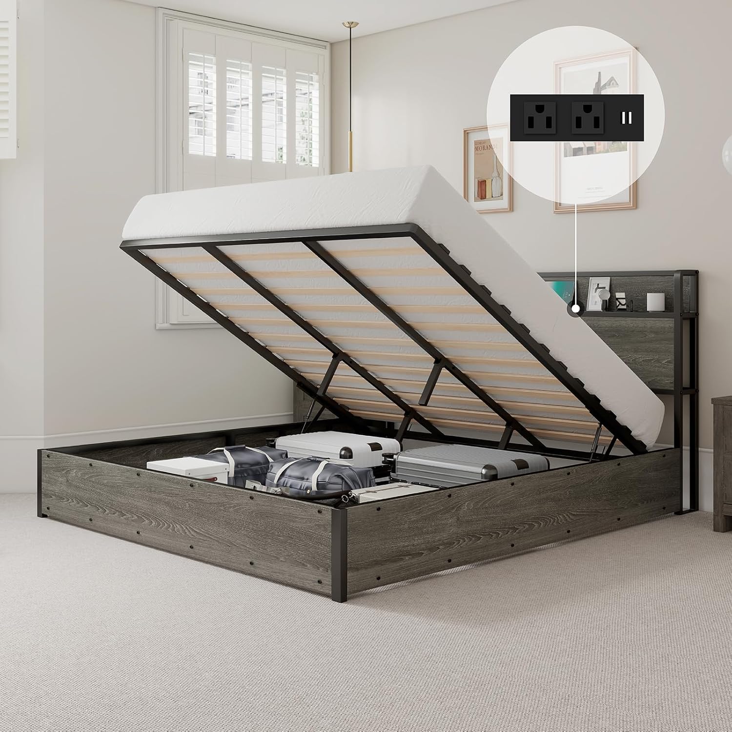 LUXOAK Full Size Lift Up Storage Bed, Wood Platform Bed Frame with Storage Headboard & Charging Station, No Box Spring Needed, Easy Assembly, Rustic Grey