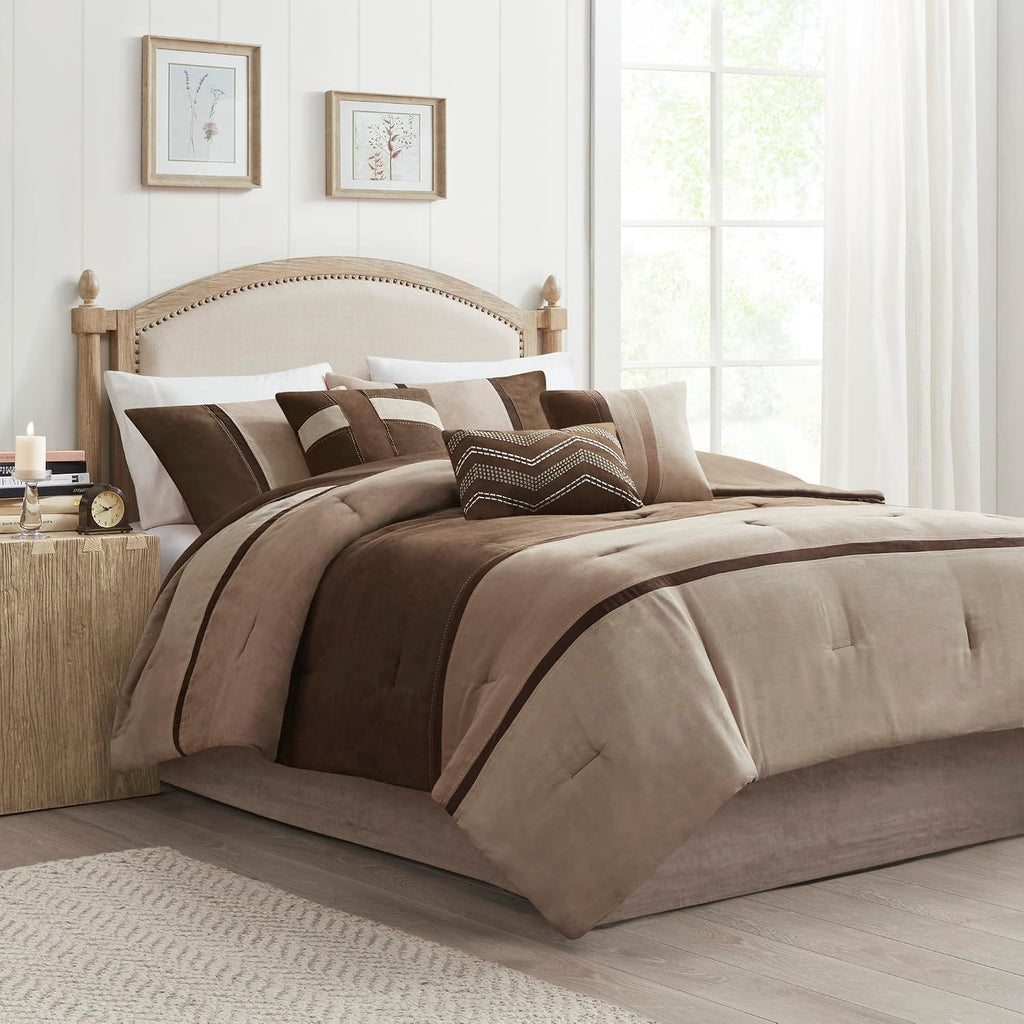 Madison Park Palisades Comforter Set Modern Faux Suede Pieced Stripe Design, All Season Down Alternative Cozy Bedding with Matching Shams, Decorative Pillows, King(104'x92'), Brown 7 Piece