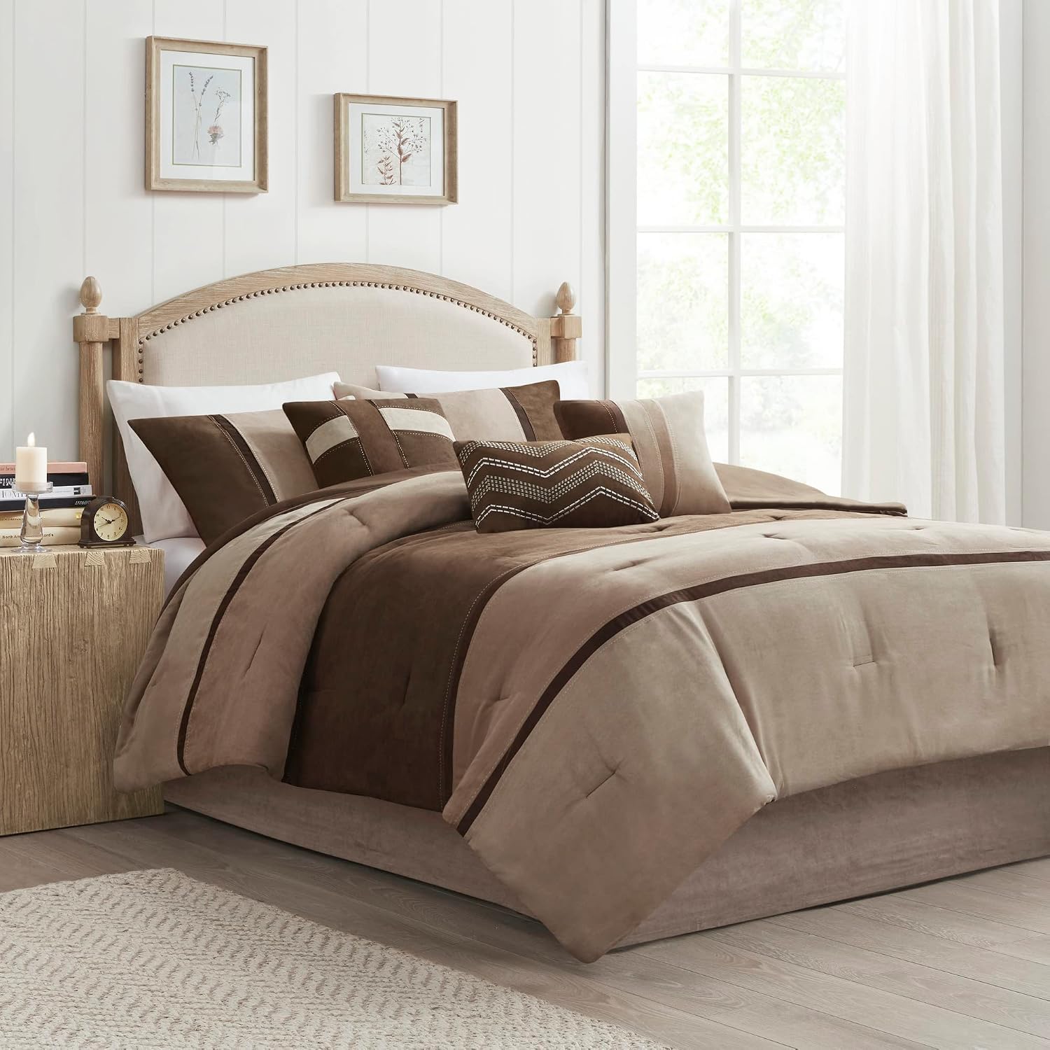Madison Park Palisades Comforter Set Modern Faux Suede Pieced Stripe Design, All Season Down Alternative Cozy Bedding with Matching Shams, Decorative Pillows, King(104'x92'), Brown 7 Piece