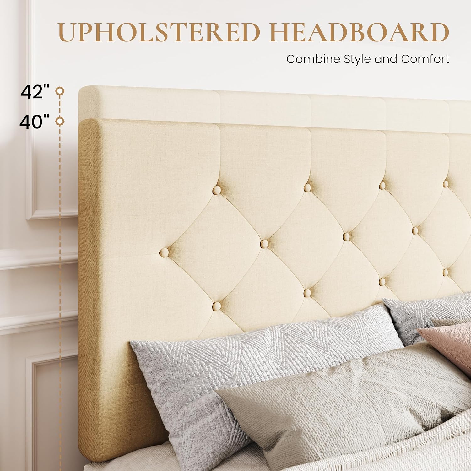 SHA CERLIN Upholstered King Size Platform Bed Frame with 4 Storage Drawers, Adjustable Headboard with Diamond Stitched Button Tufted Design, Wooden Slat Support, No Box Spring Needed, Beige