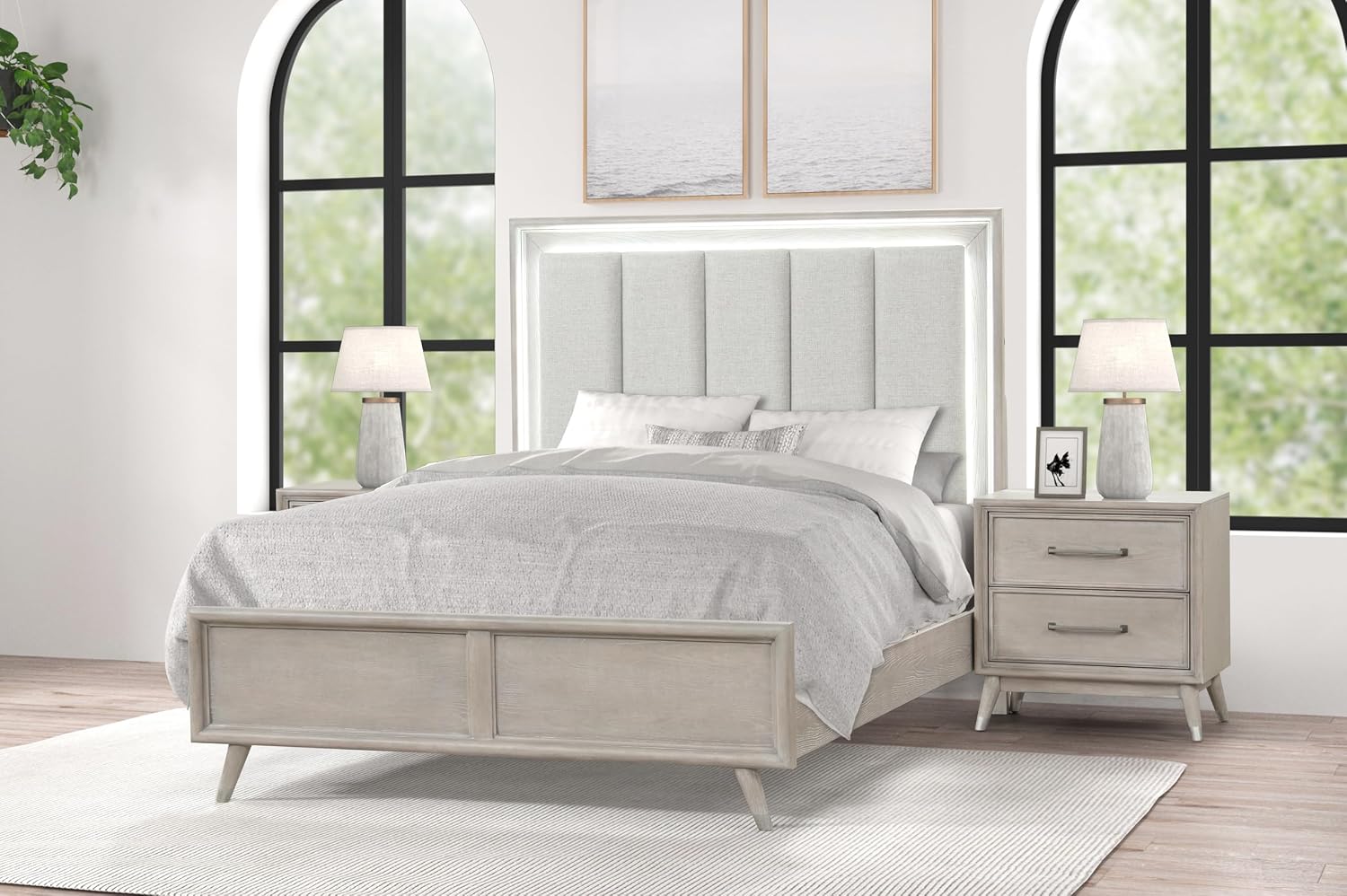 Roundhill Furniture Seluna 3-Piece Bedroom Set with Touch LED Lighting, Gray Oak Finish, Queen