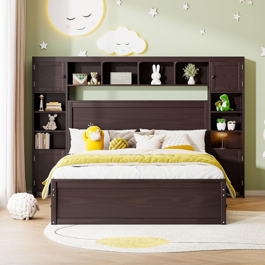 Harper & Bright Designs Queen Storage Bed with Bookcase Headboard, Queen Size Platform Bed with 4 Storage Drawers, Solid Wood Queen Bed Frame with Cabinet and Shelf, No Box Spring Needed (Espresso)