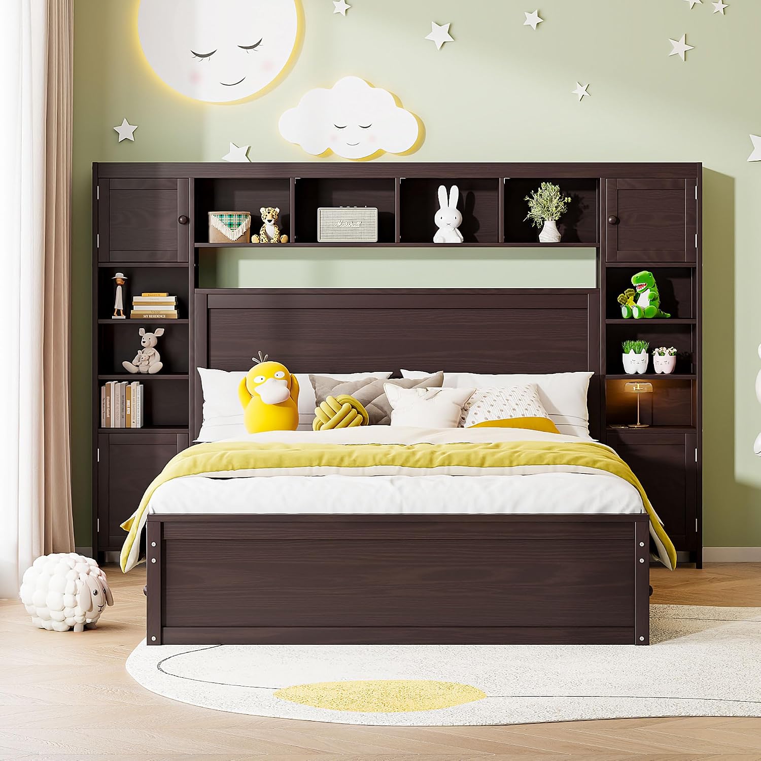 Harper & Bright Designs Queen Storage Bed with Bookcase Headboard, Queen Size Platform Bed with 4 Storage Drawers, Solid Wood Queen Bed Frame with Cabinet and Shelf, No Box Spring Needed (Espresso)