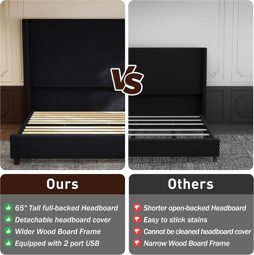 King Size Corduroy Upholstered Bed Frame with 65.2' Tall Headboard,USB Charging Station,Soft Washable Corduroy Cover with Wingback Headboard, Solid Wood Legs/Noise-Free/No Box Spring Needed/Black
