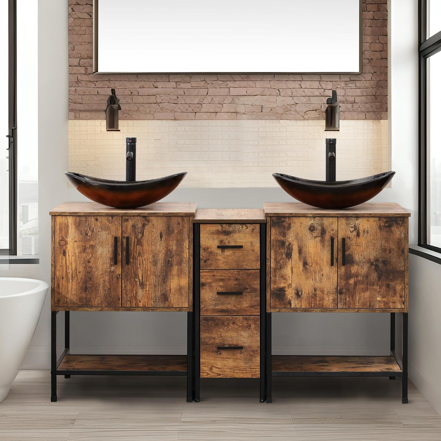 UEV Rustic Brown 60' Double Bathroom Vanity with Sink Combo,Industrial Iron Frame 2 Main Bathroom Vanity with Middle 3 Drawers Cabinet,Modern Brown Boat Tempered Glass Vessel Sink(029BR)
