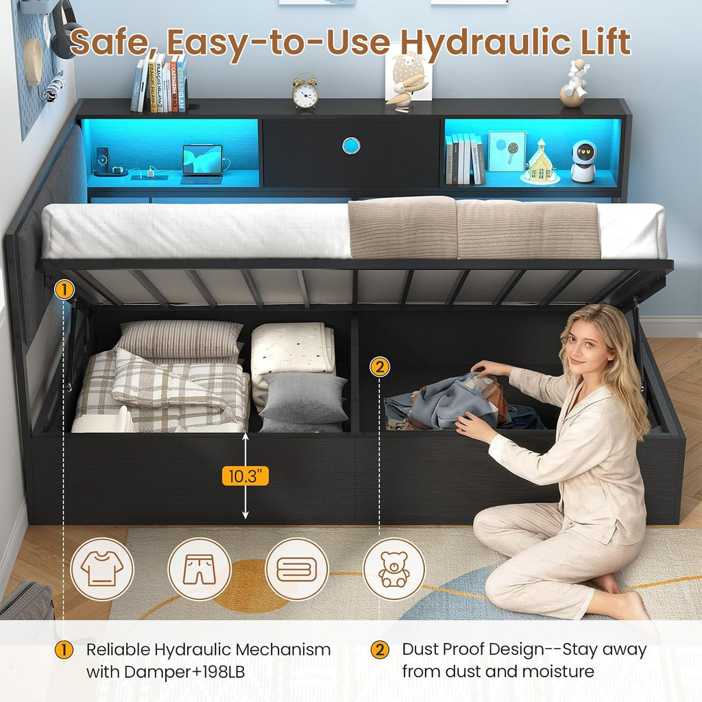 Hasuit Corner Twin Lift Up Storage Bed Frame with Charging Station & LED Lights, Twin Day Bed with Upholstered Headboard and Bookcase, Corner Beds with Hydraulic for Kids Teens Guests, Black
