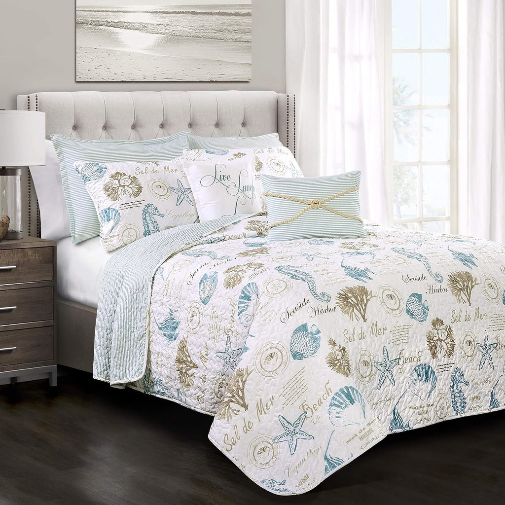 Lush Decor Harbor Life Reversible Quilt Set, 7 Piece Set, Full/ Queen, Blue & Taupe - Blue Quilt Queen Bedding Set - Coastal Decor - Nautical Bedding - Beach House